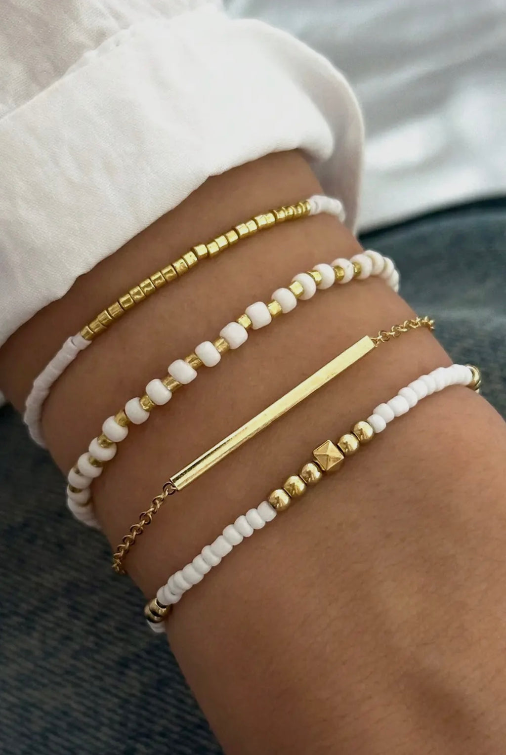 White & Gold Minimal Bracelet Stack
